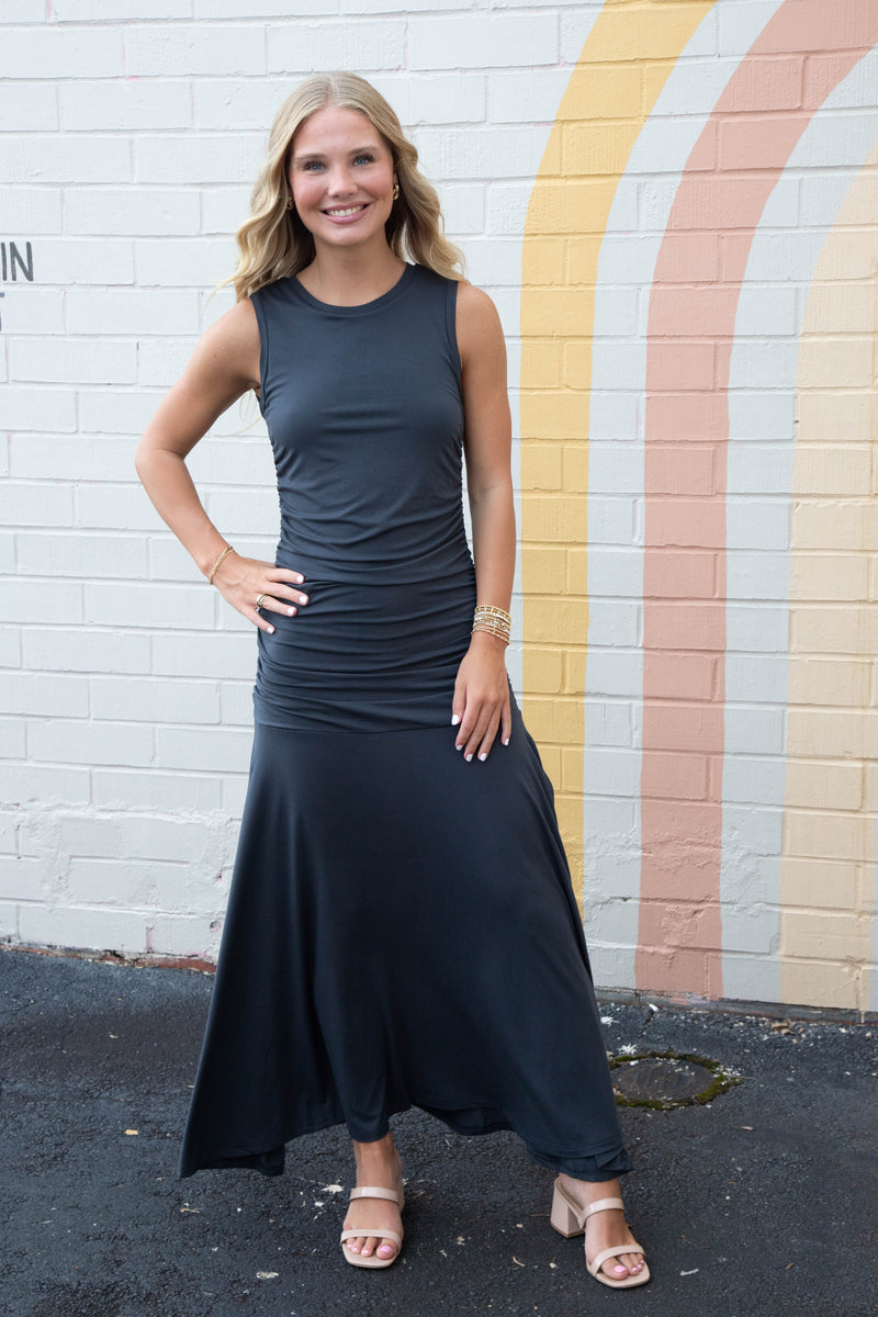 Jace Ruched Side Maxi Dress, Faded Black | Steve Madden