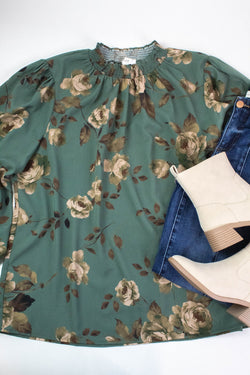 Dora Floral Smocked Detail Blouse, Deep Sage Multi | Extended Sizes