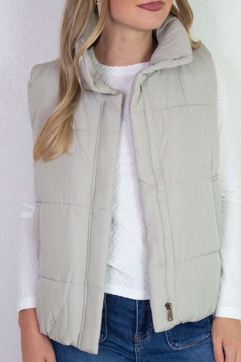 Liv Solid Zip Up Puffer Vest, Cement
