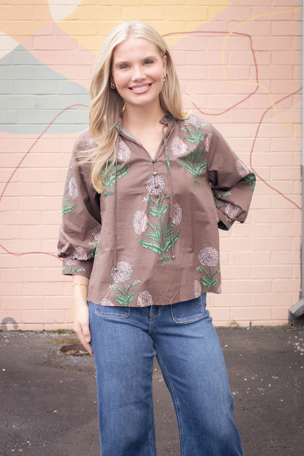 Miranda Floral Bubble Sleeve Blouse, Brown