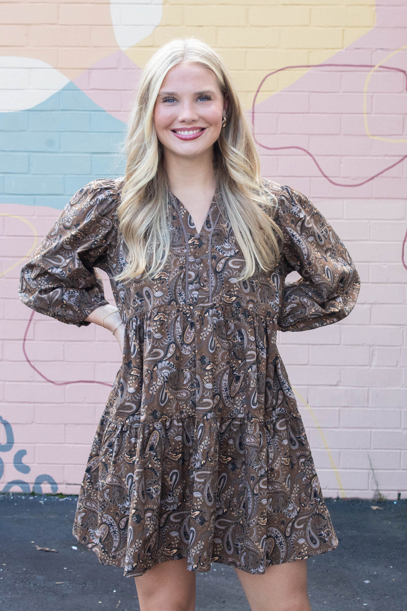 Adaline Paisley Print Mini Dress, Brown