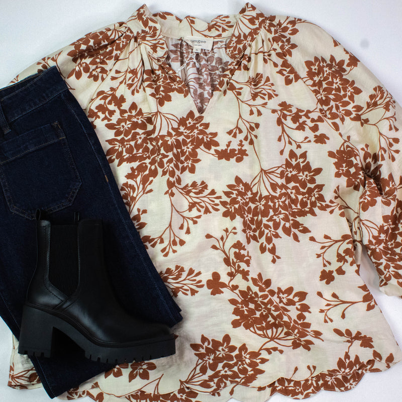 Zorina Cherry Blossom Print Blouse, Caramel | Plus Size