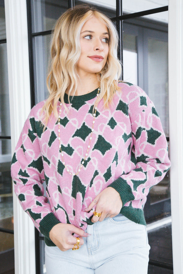 Lina Heart Knit Pullover Sweater, Green Pink