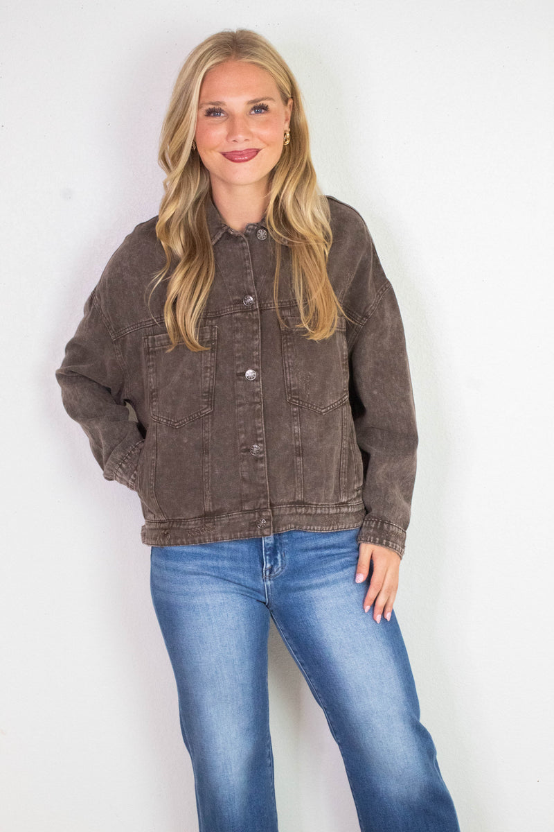 Audrey Button Down Denim Jacket, Black Coffee