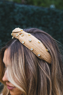 Raffia Rhinestone Topknot Headband, Beige