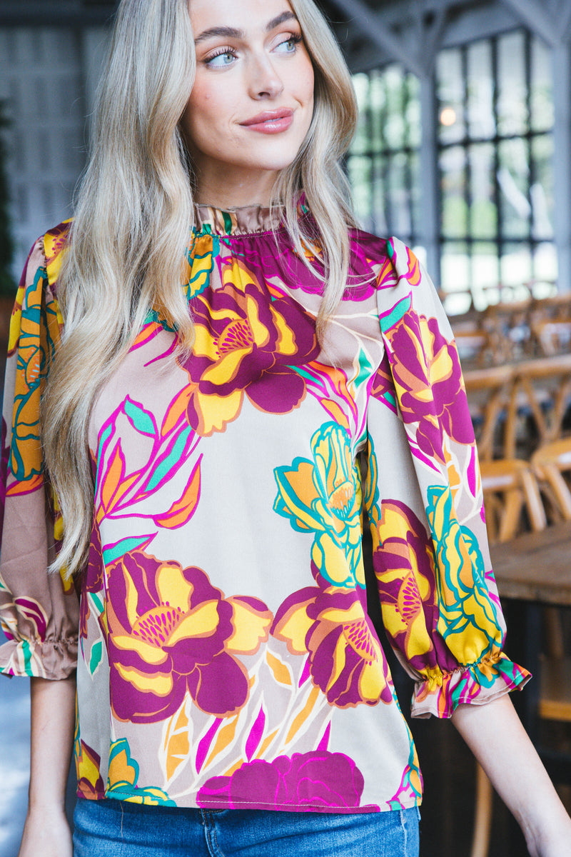Jolie Floral Ruffle Neck Blouse, Mocha