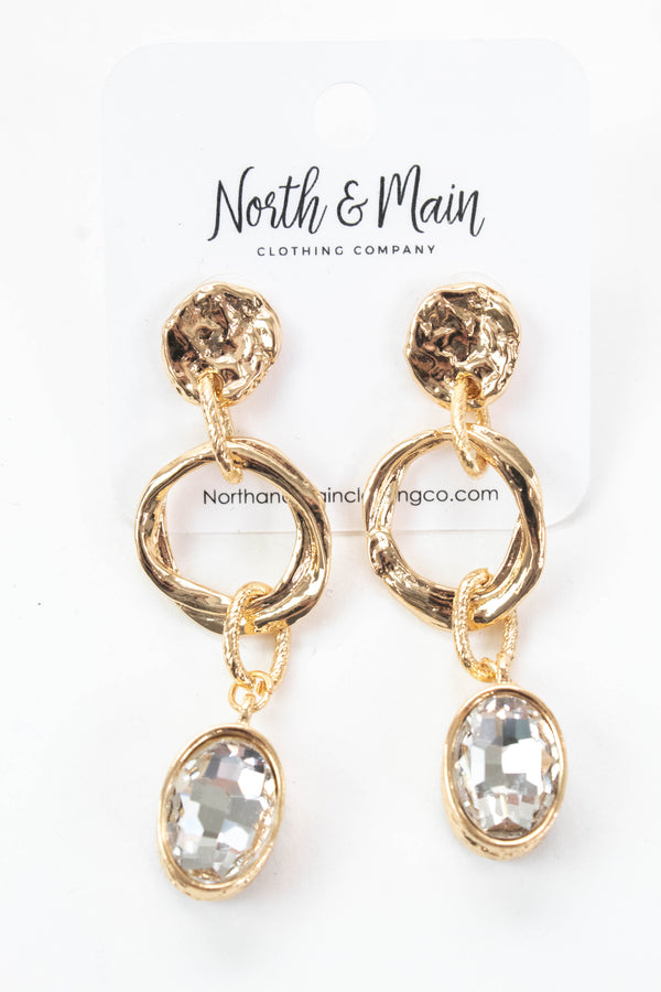 Jenna Hammered Gold Rhinestone Drop Earring, Gold