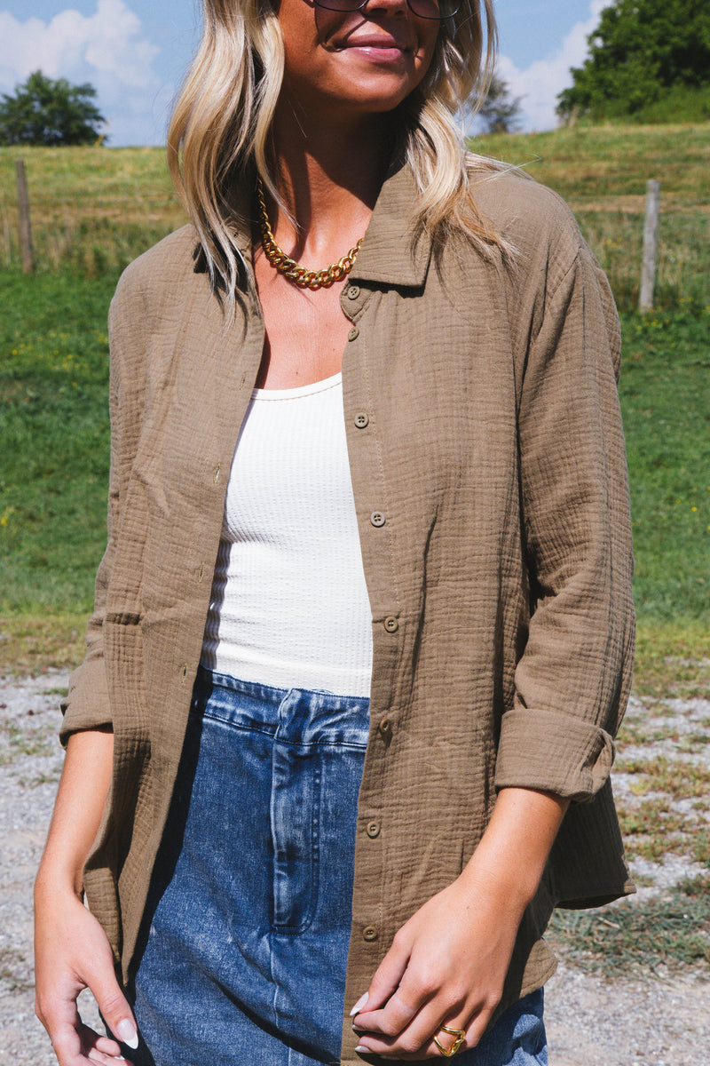 Cora Oversized Button Down Shirt, Olive
