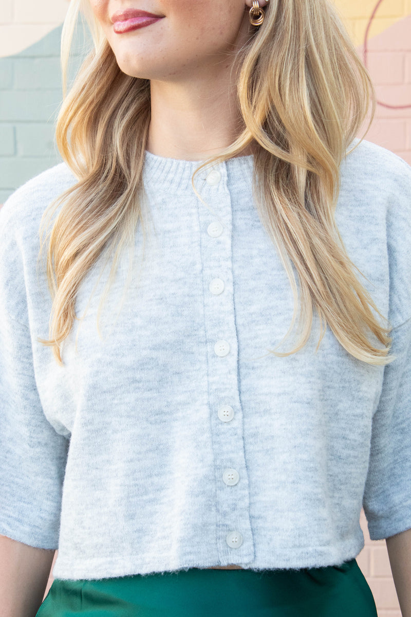Jeanne Cropped Crew Neck Sweater, Heather Grey
