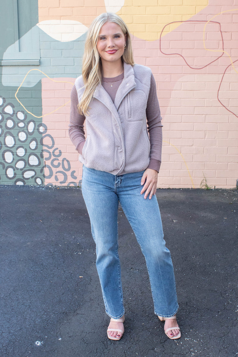 Elena Fleece Button Up Vest, Earth Grey