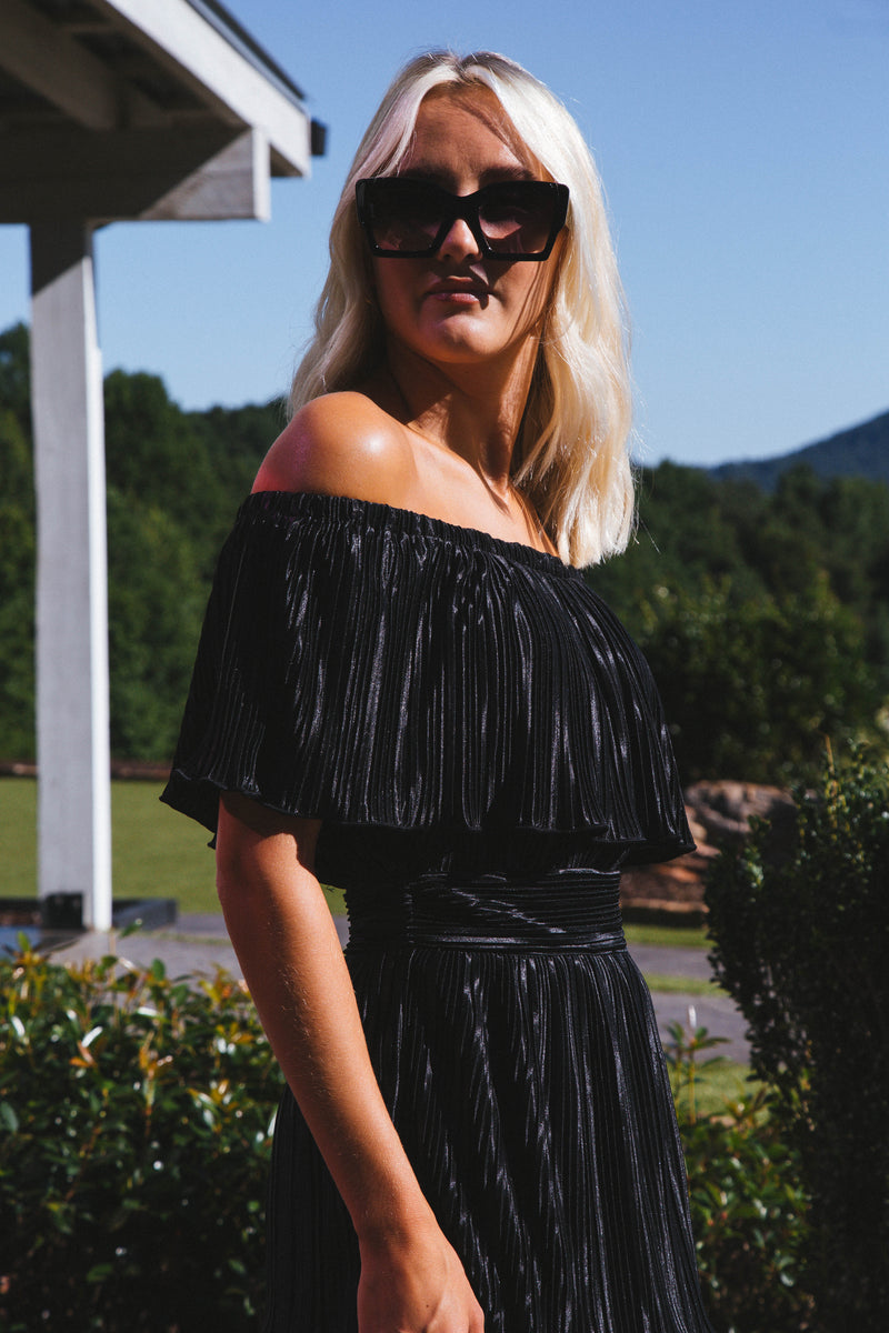Gamora Pleated Midi Dress, Black