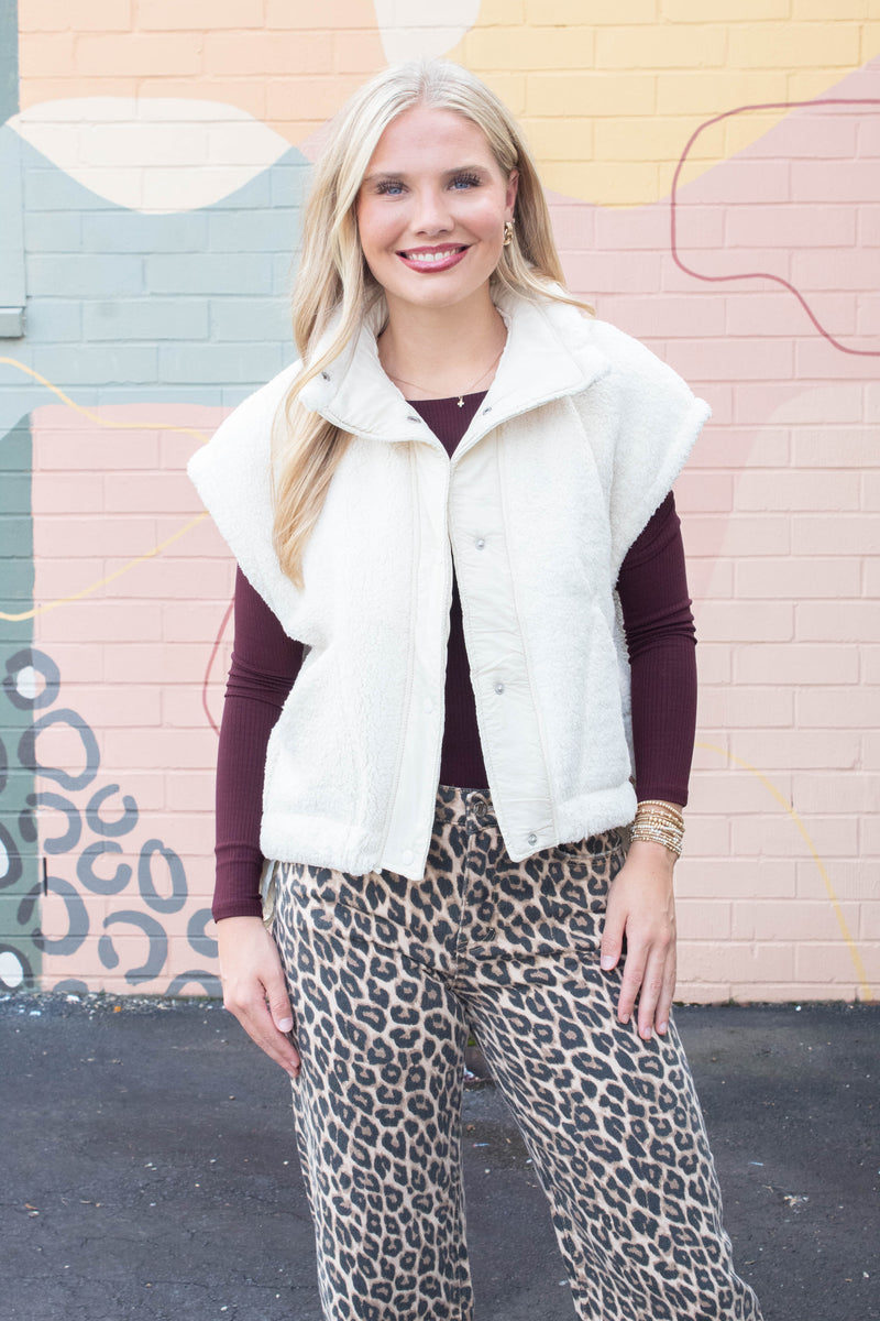 Addison Button Front Faux Fur Vest, Ivory