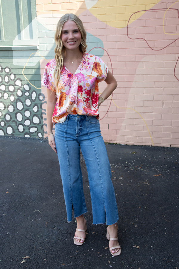Christina Satin Flower Print Top, Orange/Cream