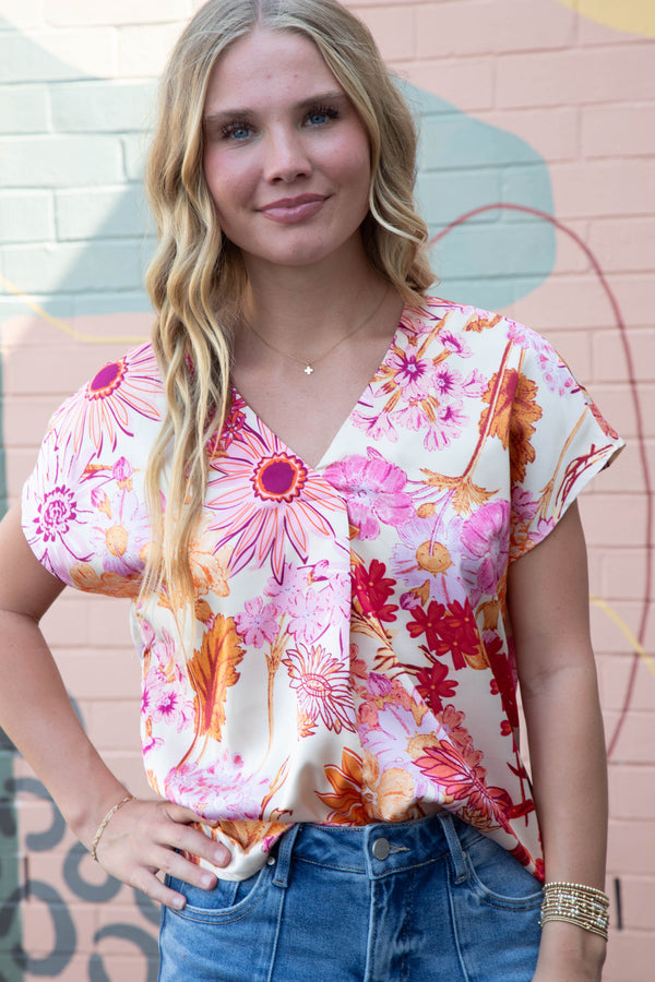 Christina Satin Flower Print Top, Orange/Cream