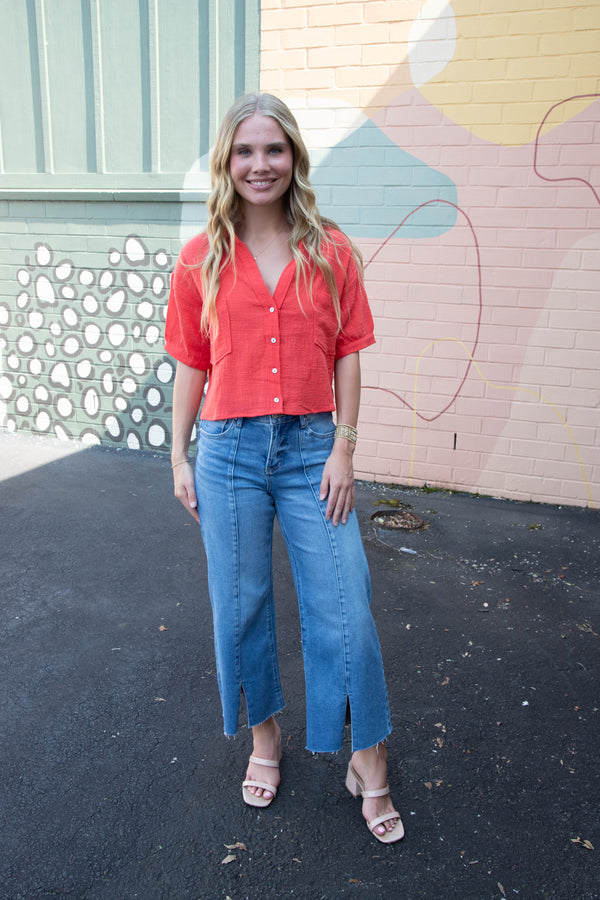 Janelle Cotton Gauze Crop Shirt, Red Orange