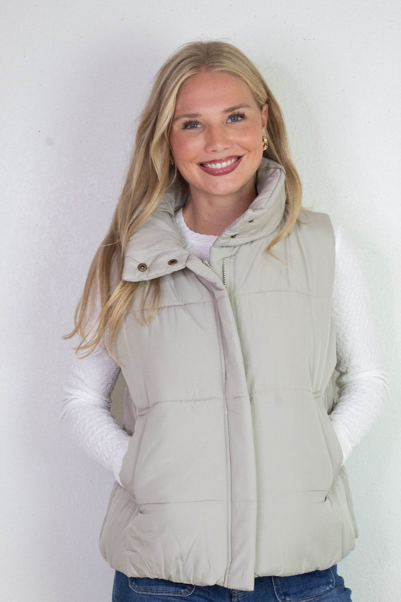 Liv Solid Zip Up Puffer Vest, Cement