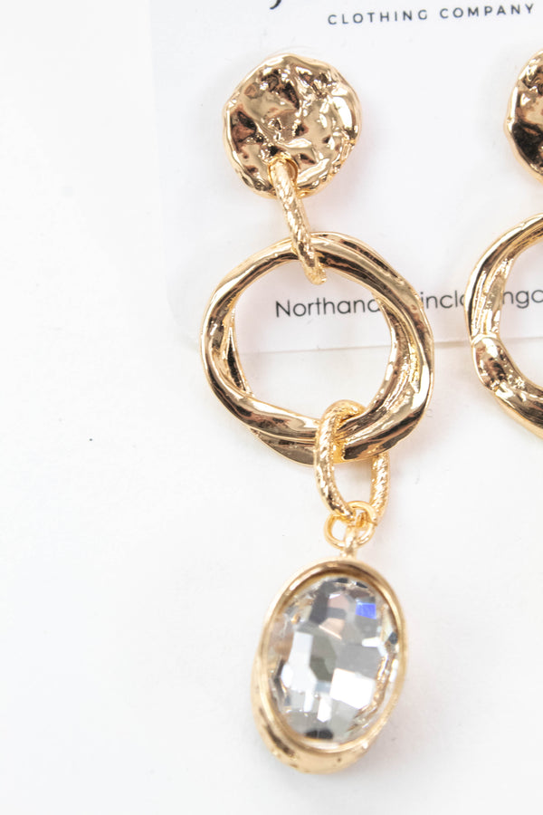 Jenna Hammered Gold Rhinestone Drop Earring, Gold