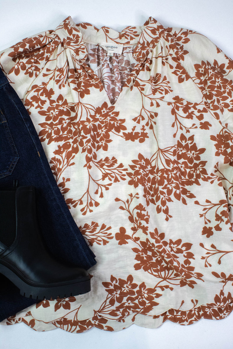 Zorina Cherry Blossom Print Blouse, Caramel | Plus Size