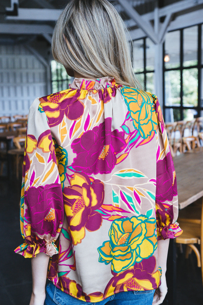 Jolie Floral Ruffle Neck Blouse, Mocha