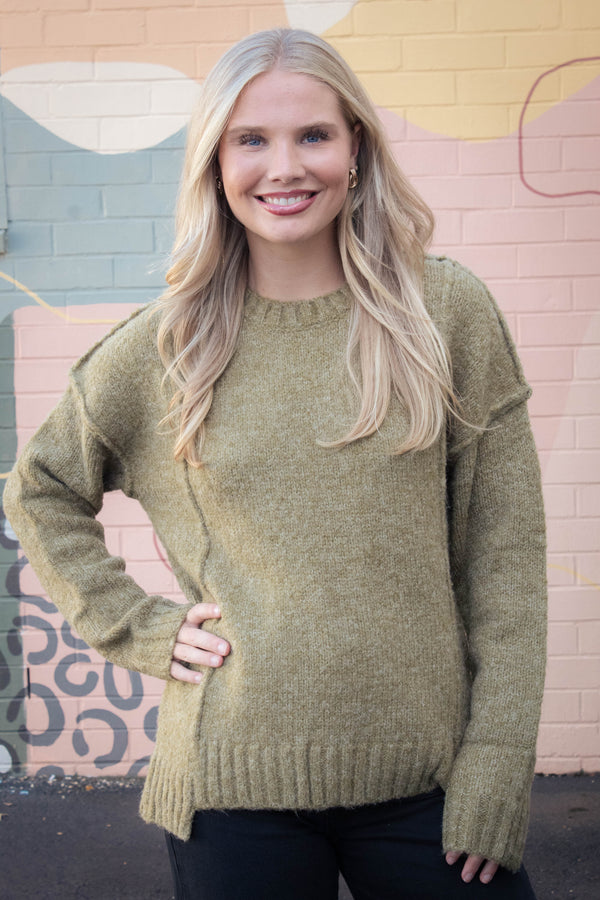 Winona Seam Detail Pullover Sweater, Olive