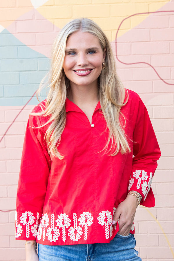 Katie 3D Floral Trim Accent Top, Red