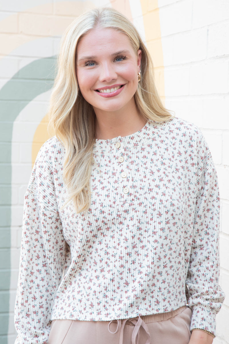 Liliana Floral Henley Rib Knit Top, Brown Multi