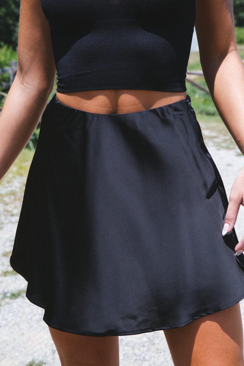 Black Pearl Satin Mini Skirt, Black