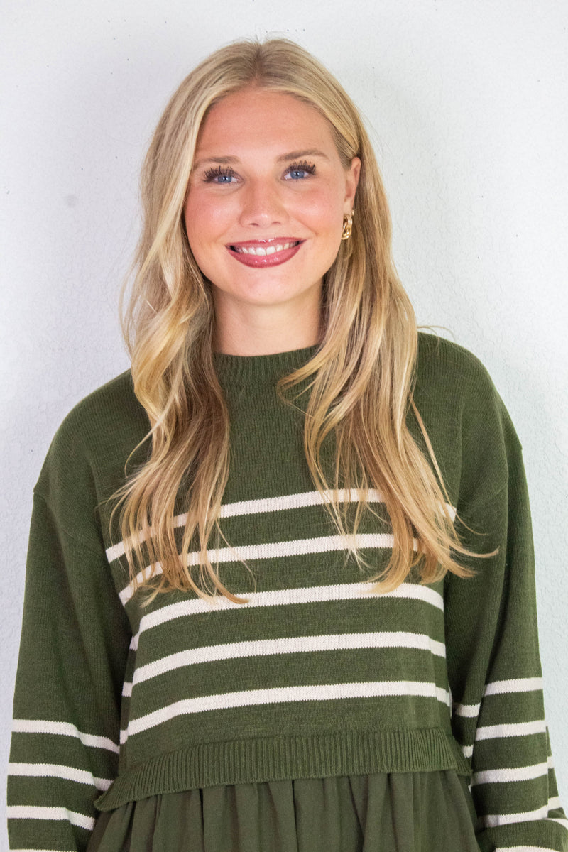 Holland Striped Mix Media Dress, Olive-Cream Stripe