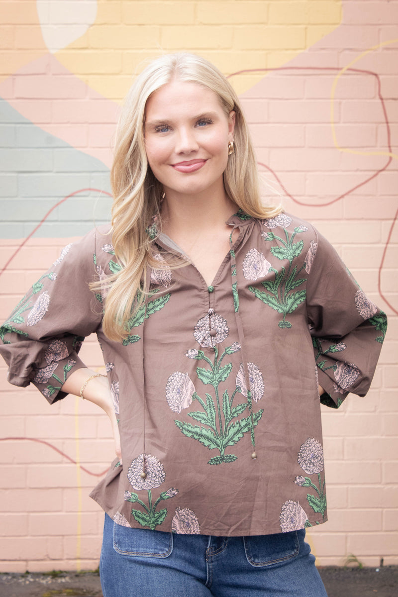 Miranda Floral Bubble Sleeve Blouse, Brown