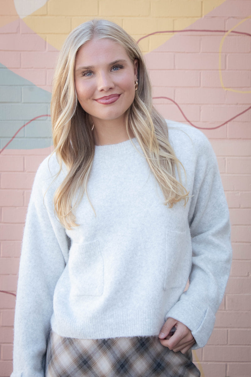 Lila Cuff Detail Pocket Sweater, Heather Grey