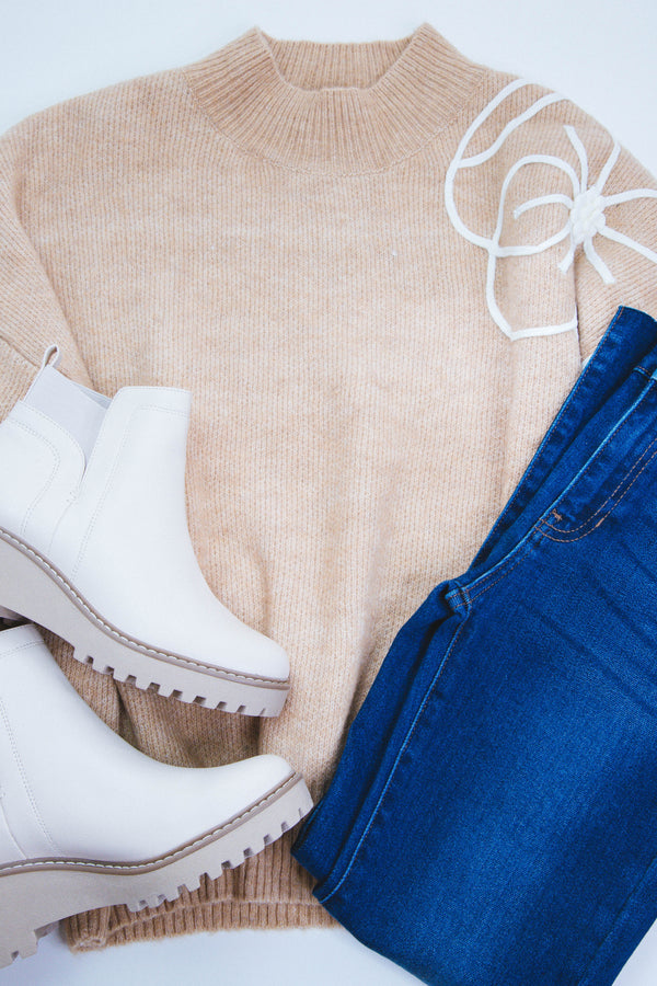 Ella Mock Neck Sweater, Taupe-Ivory | Plus Sizes