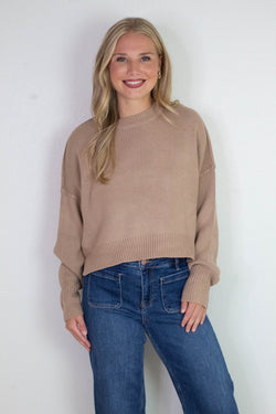 Camila Round Neck Cropped Sweater, Dark Taupe