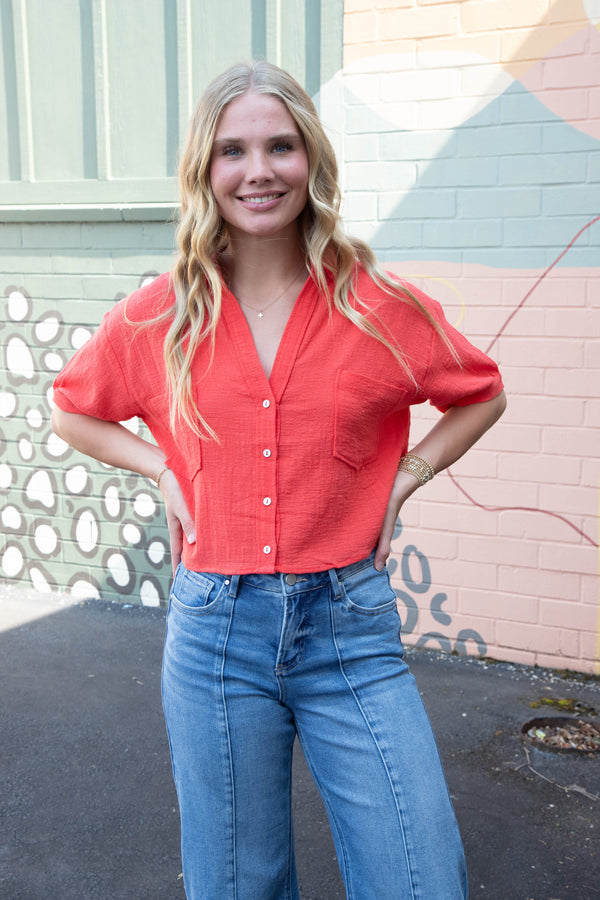 Janelle Cotton Gauze Crop Shirt, Red Orange