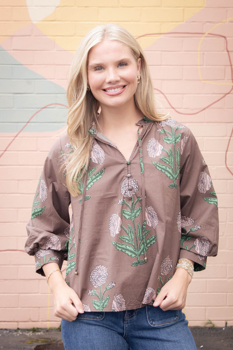 Miranda Floral Bubble Sleeve Blouse, Brown