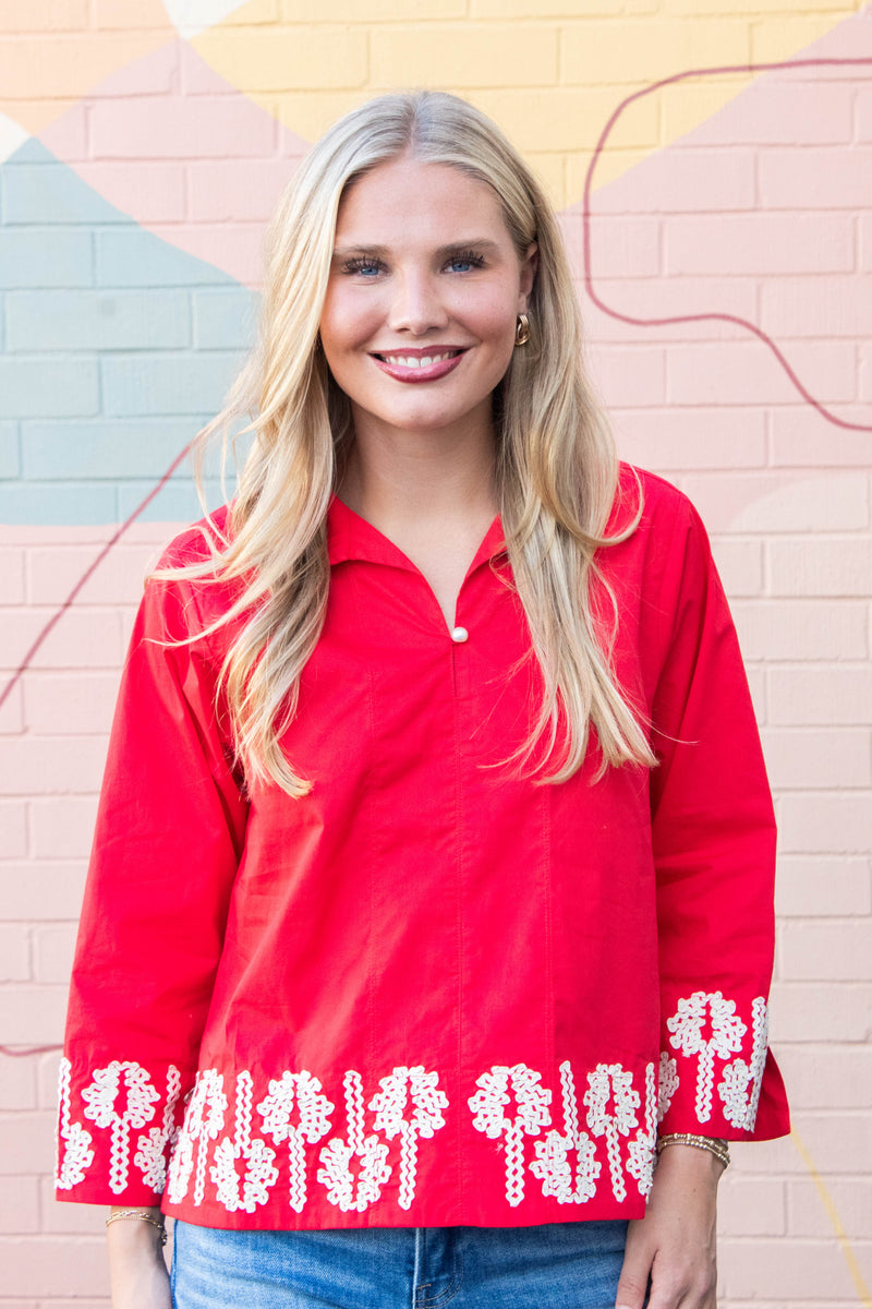 Katie 3D Floral Trim Accent Top, Red