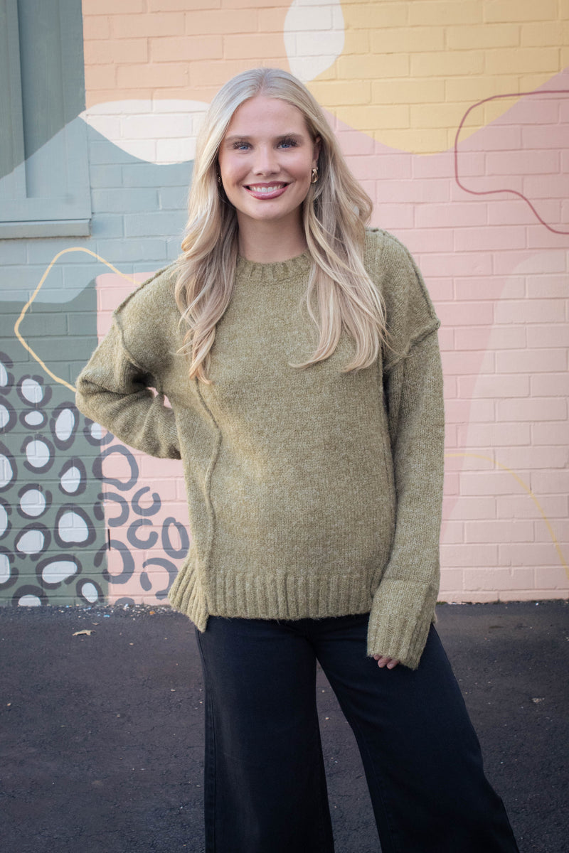 Winona Seam Detail Pullover Sweater, Olive