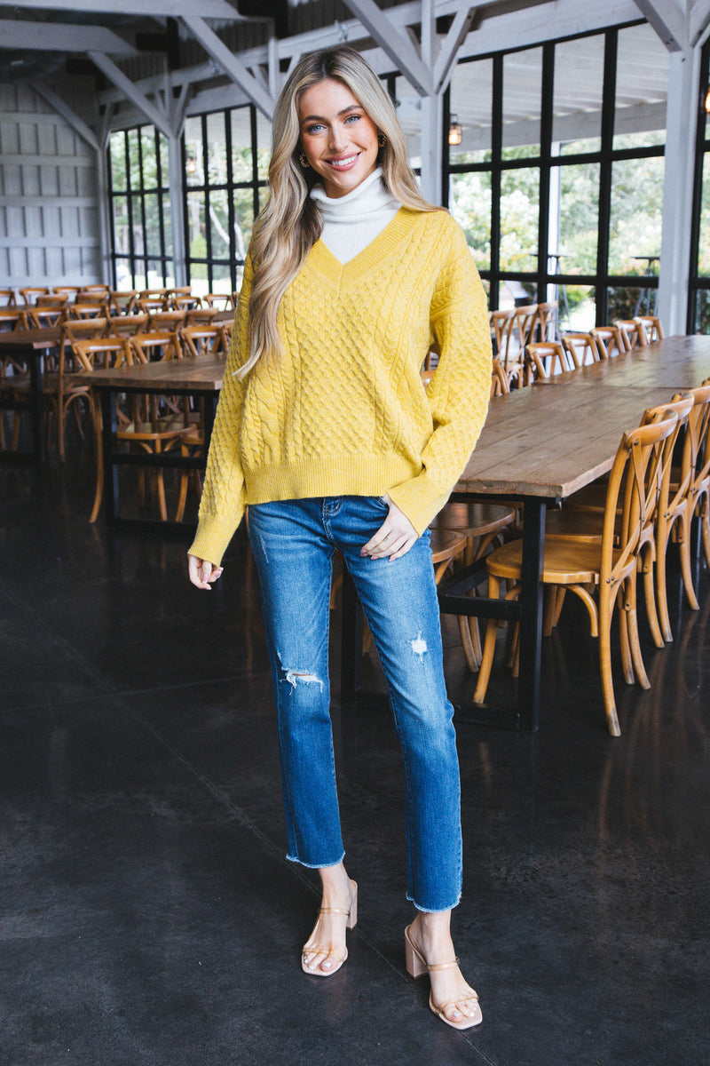 Vida Cable Knit Sweater with Turtleneck, Mustard