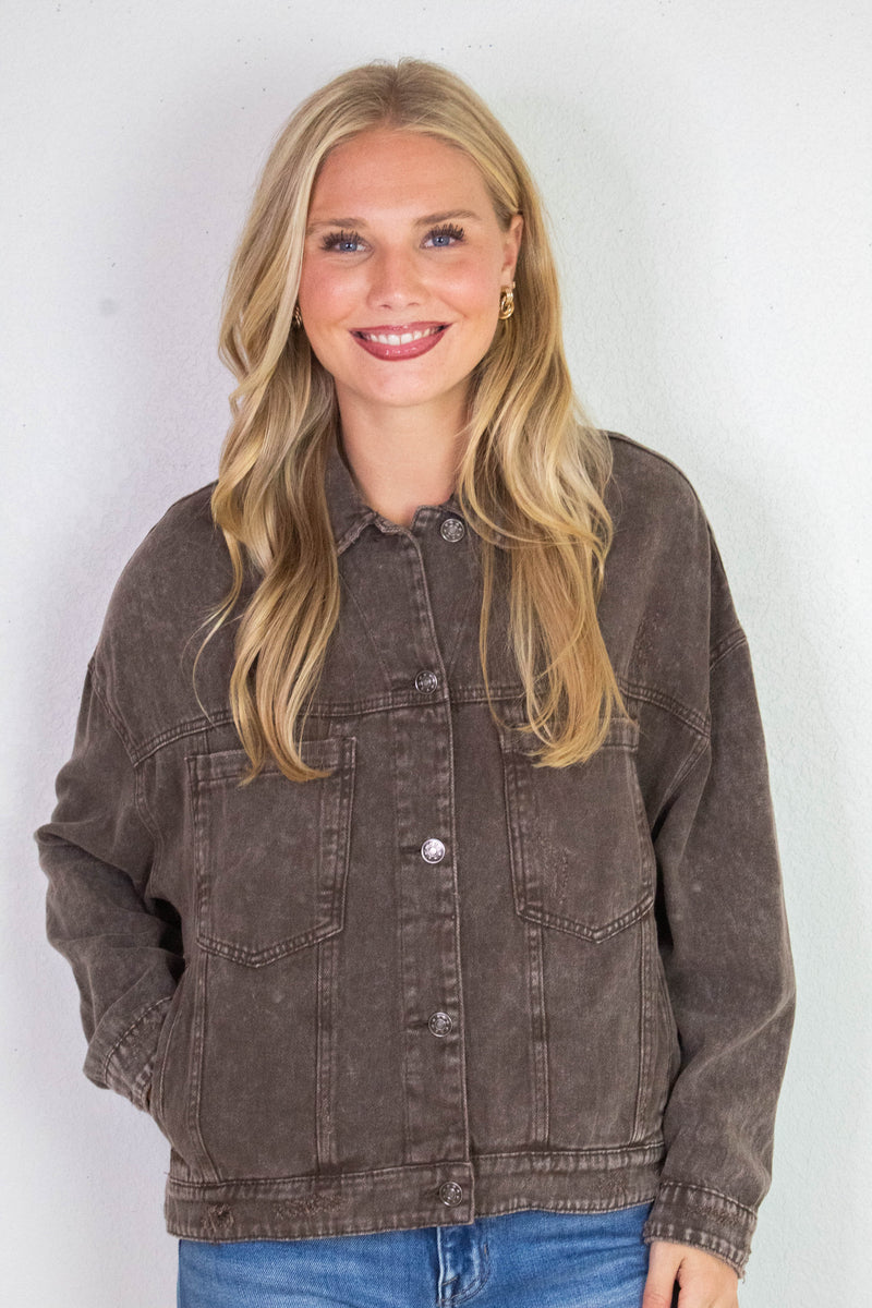 Audrey Button Down Denim Jacket, Black Coffee