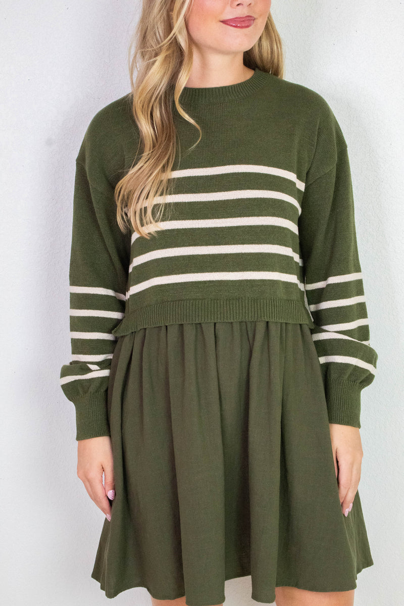 Holland Striped Mix Media Dress, Olive-Cream Stripe