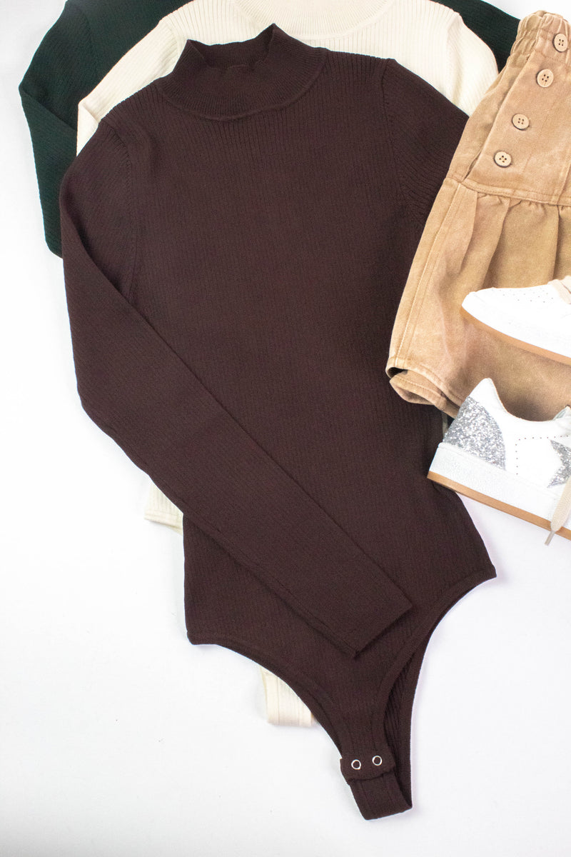 Bella High Neck Ribbed Bodysuit, Brown