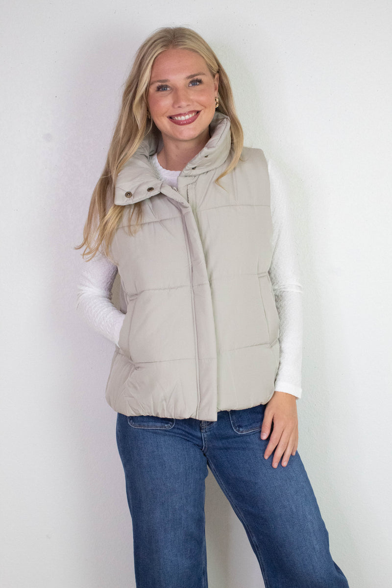 Liv Solid Zip Up Puffer Vest, Cement