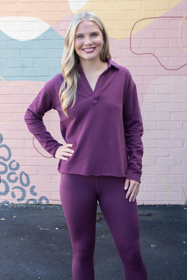 Phoebe Collared Henley Tee, Dark Plum