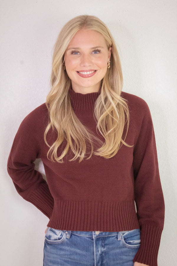Roxy Mock Neck Rib Detail Sweater, Red Wood