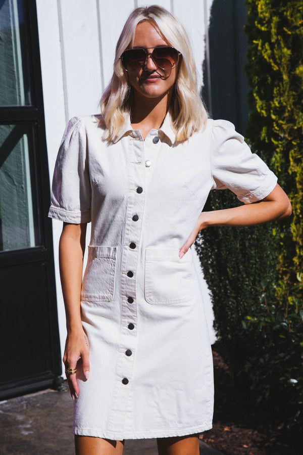 Romina Button Up Denim Dress, Ecru | Velvet Heart