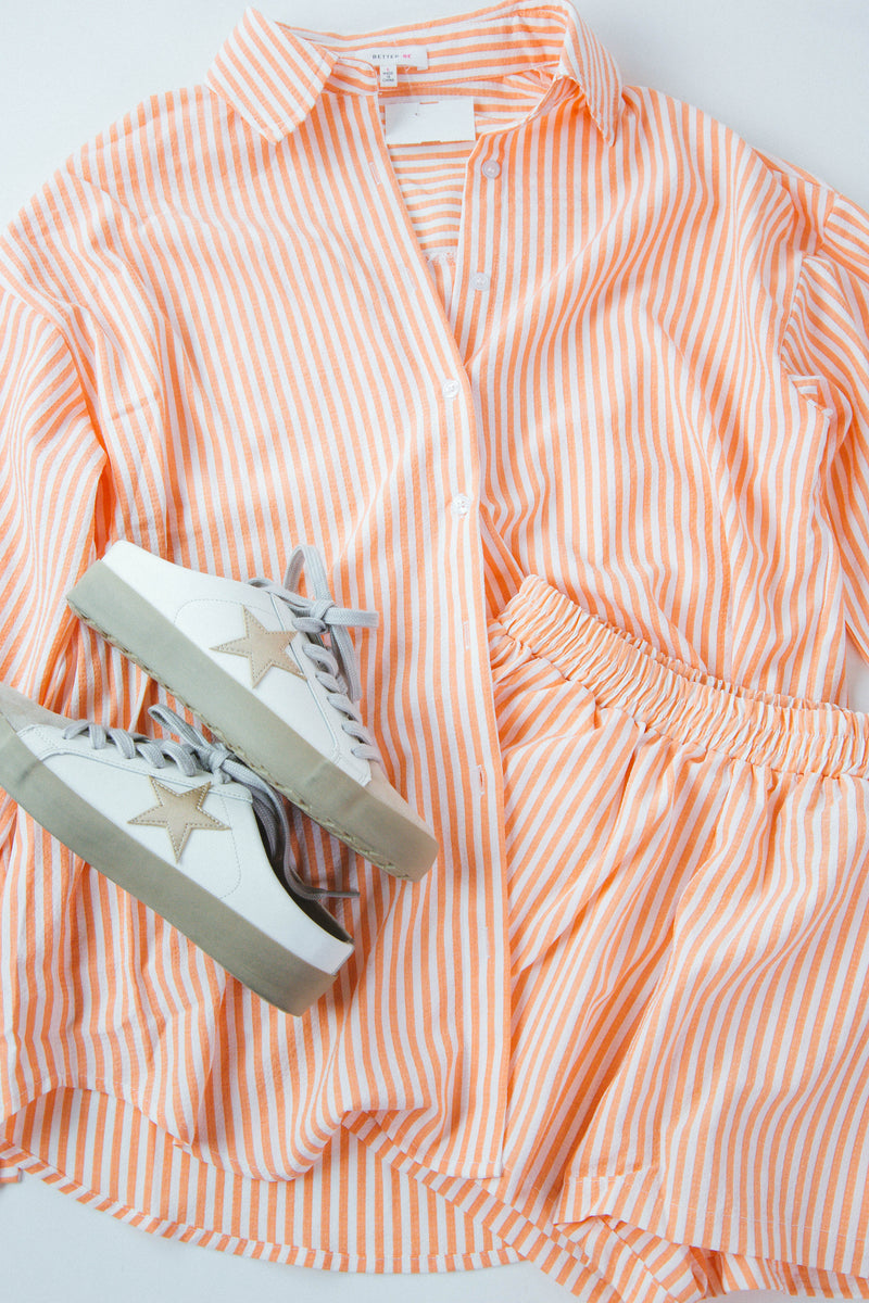 Isla Striped Button Down Shirt, Orange/White