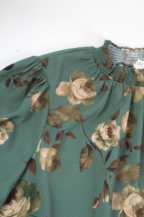 Dora Floral Smocked Detail Blouse, Deep Sage Multi | Extended Sizes