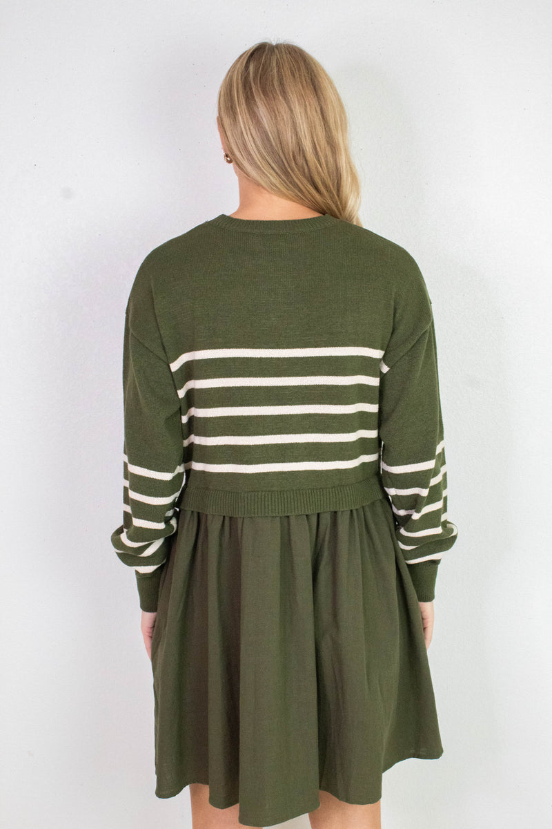 Holland Striped Mix Media Dress, Olive-Cream Stripe