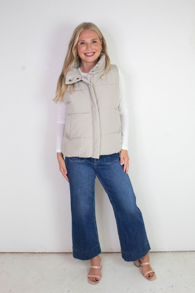 Liv Solid Zip Up Puffer Vest, Cement