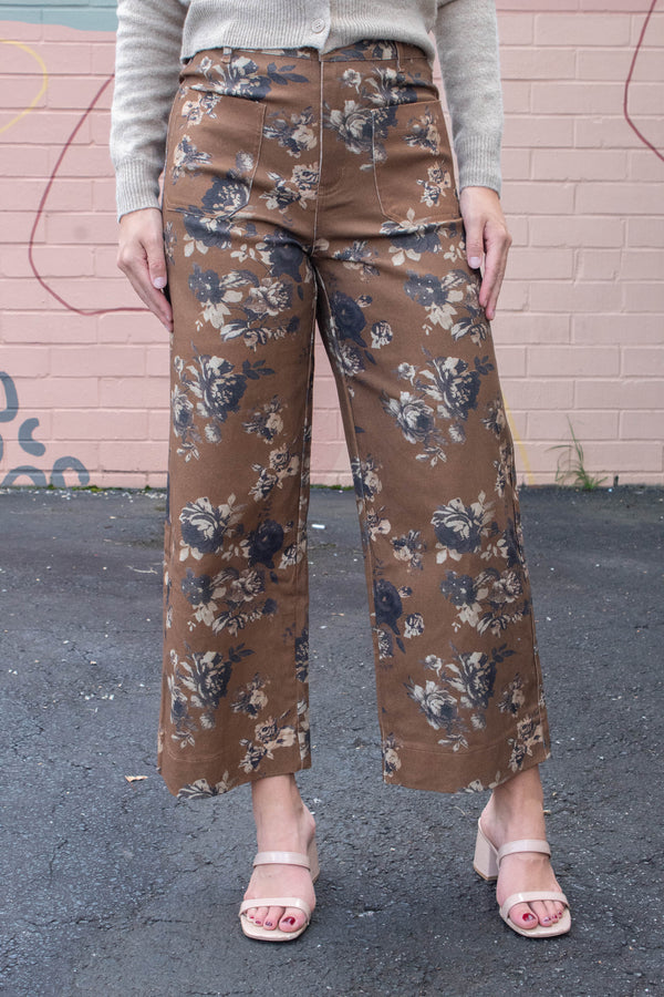 Aubrey Floral Mid Rise Ankle Pants, Caramel