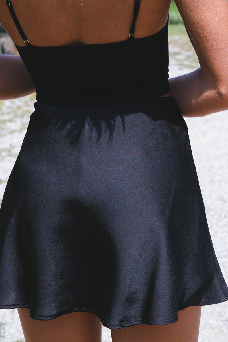 Black Pearl Satin Mini Skirt, Black